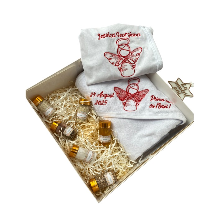 Set Prima Baita Personalizat Bebe, Body, Prosop cu capison, 6 Sticlute Mirodenii, Cadou Nou-Nascut