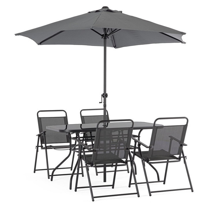 Set mobilier gradina cu umbrela soare otel gri charcoal Pompei 140x80x72 cm, 63x56.5x87x42x60 cm, 240x230 cm
