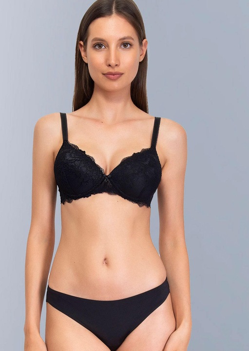Дантелен сутиен, подсилен, без класически банели, с леко подплатени чашки, с дантела с флорален мотив, странични подсилвания, черен, Черен