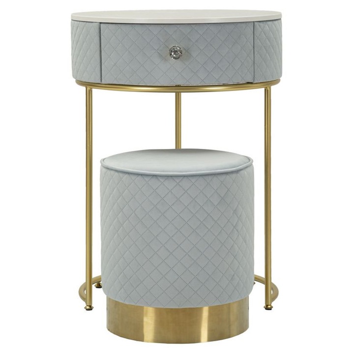 Noptiere cu masuta de toaleta si puf, Mauro Ferretti, catifea albastra deschisa, detalii aurii, dimensiuni 52x70cm - 36x39cm