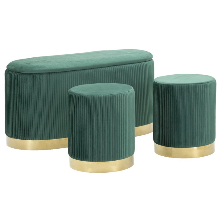 Set taburete cu banca Mauro Ferretti, verde catifea, finisaje aurii, 3 piese, 80x37x42cm, 29x35cm