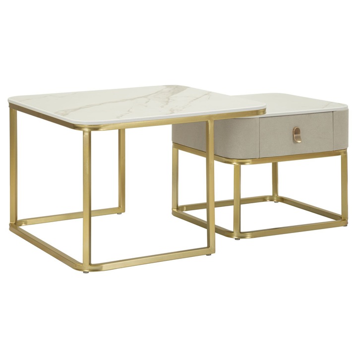 Set mese de cafea Mauro Ferretti, design modern, efect marmura, 70x70x48cm, 50x50x43,5cm, aurie
