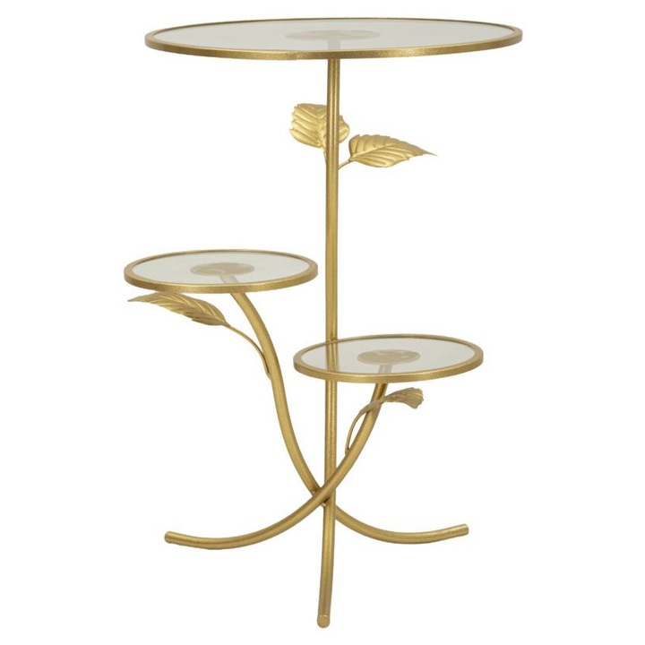 Masa console 3 rafturi, Mauro Ferretti, design auriu cu modele de frunze, 54x69,5cm