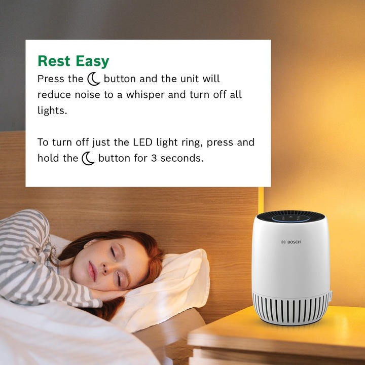 Purificator aer BOSCH Air 1000, Acoperire pana la 50mp, CADR 100m3/h, Filtru 2-in-1 HEPA, Smart Sensor si Auto Mode, USB-C, culoare Alb