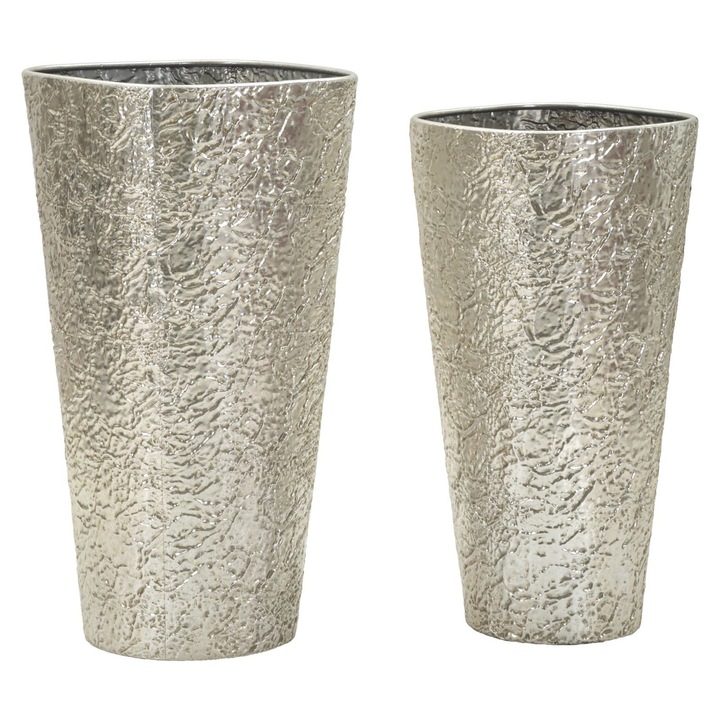 Set 2 vaze inalte Mauro Ferretti, finisaj argintiu, material texturat, 41x80,5cm - 35x71cm