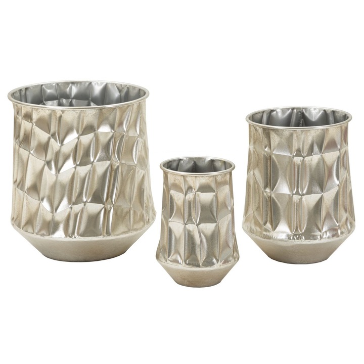Set de 3 vaze Mauro Ferretti, finisaj argintiu, dimensiuni 35x38,5cm, 27,5x33cm, 18,5x26,5cm