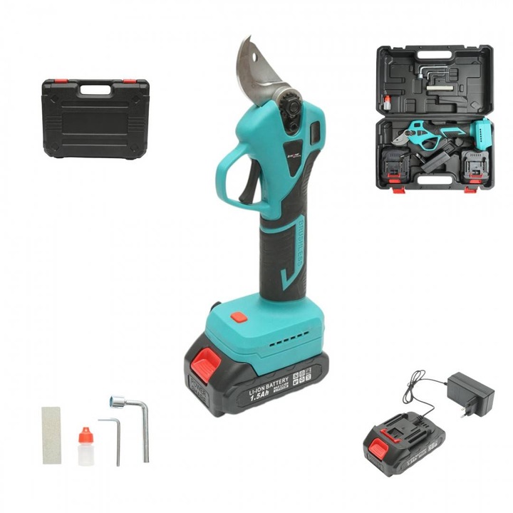 Foarfeca electrica de gradina cu 2 acumulatori 21V, 1.5Ah Li-Ion, brushless, diametru taiere 0-25mm, buton siguranta Breckner Germany