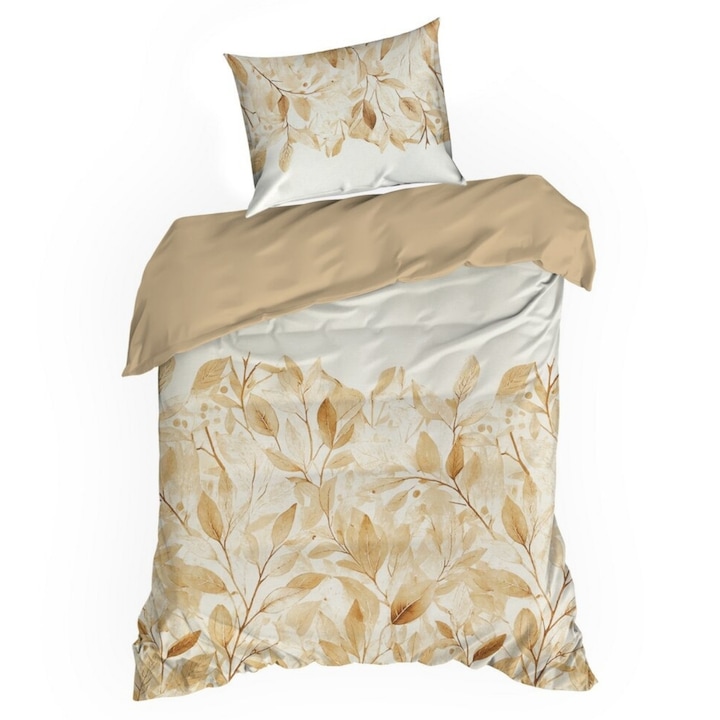 Комплект спално бельо, EUROFIRANY, Spring/60, Естествен памучен сатен с принт на листа и ботанически дизайн, Фина и елегантна текстура, Практично затваряне с цип, Хипоалергенен материал, 140x200 см + 70x80 см, Бежово-оранжев