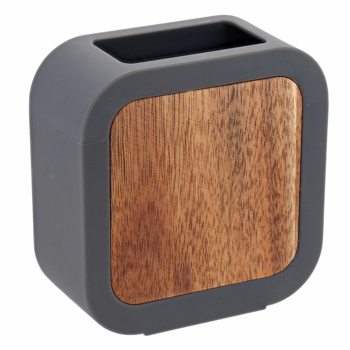Suport Periute Dinti, TENDANCE, Tempesti, Design Patrat Modern Cu Insertie Din Lemn De Salcam, Material ABS Si Cauciuc Rezistent, Stil Japandi Si Zen, Organizator Baie Elegant Pentru Periute Si Pasta, 10 cm, Gri