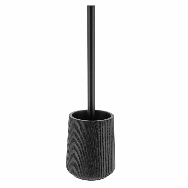 Perie WC Cu Suport, TENDANCE, Morgan, Material Polirasina Cu Aspect De Lemn Si Textura Naturala, Design Japandi Minimalist, Rezistenta La Umiditate, Forma Cilindrica Eleganta, Stil Zen Pentru Baie, 37 cm, Negru