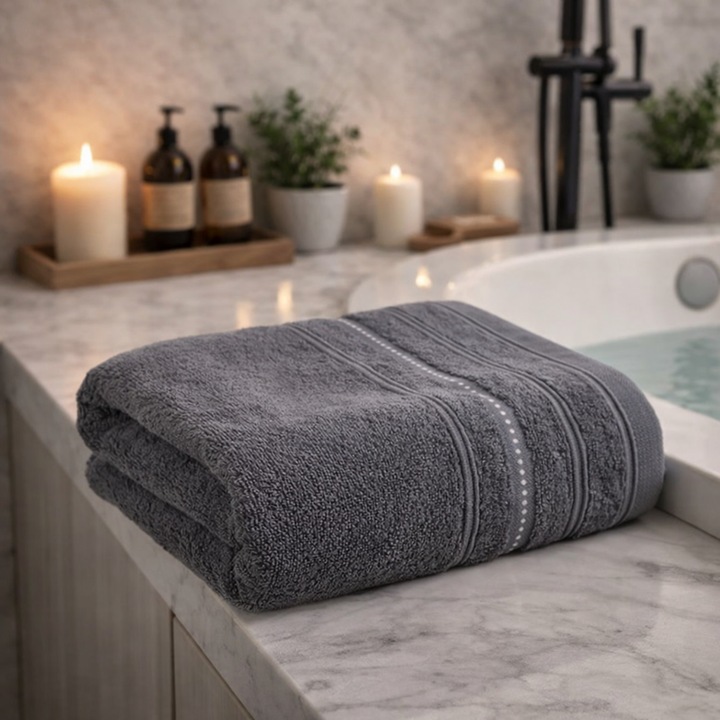 Кърпа за ръце, EUROFIRANY, Vento, мек и абсорбиращ естествен памук с декоративен кант на ивици, превъзходно качество в хотелски стил, елегантен и непреходен дизайн за баня и спа, 70x140 см, стоманено сиво