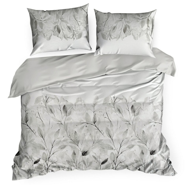 Комплект спално бельо, EUROFIRANY, Spring/63, Естествен памучен сатен с десен на клонки в бяло-сиво, Минималистичен и елегантен ботанически дизайн, Фин и хипоалергенен материал, 3 части, 220x200 см + 2 калъфки за възглавници 70x80 см, Сив