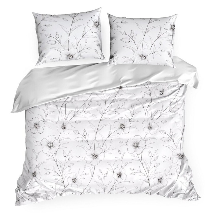 Комплект спално бельо, EUROFIRANY, Spring/64, Естествен памучен сатен с черно-бял флорален мотив, Минималистичен и елегантен ботанически дизайн, Фин и хипоалергенен материал, 3 части, 220x200 см + 2 калъфки за възглавници 70x80 см, Бял