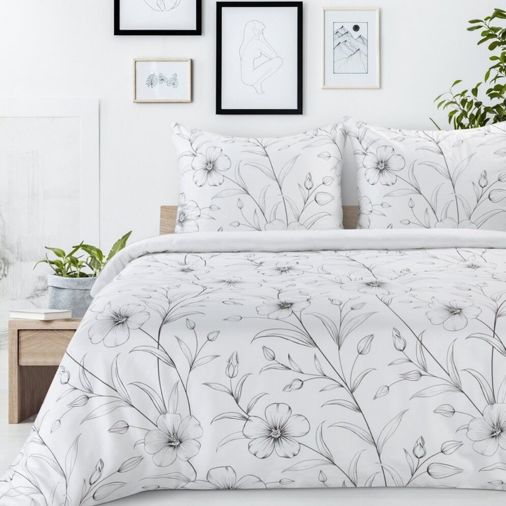 Комплект спално бельо, EUROFIRANY, Spring/64, Естествен памучен сатен с черно-бял флорален мотив, Минималистичен и елегантен ботанически дизайн, Фин и хипоалергенен материал, 3 части, 220x200 см + 2 калъфки за възглавници 70x80 см, Бял