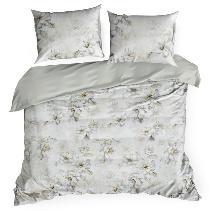 Комплект спално бельо, EUROFIRANY, Spring/73, Естествен памучен сатен с бежово-сив флорален мотив, Елегантен и изискан ботанически дизайн, Мек и хипоалергичен материал, 2 части, 140x200 см + 1 калъфка за възглавница 160x200 см, Сив