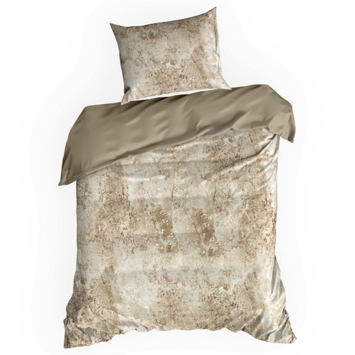 Комплект спално бельо, EUROFIRANY, Spring/77, Естествен памучен сатен с текстуриран мраморен десен, Елегантен дизайн в бежово-кафяви нюанси, Мека и хипоалергенна материя, 2 части, 140x200 см + 1 калъфка за възглавница 140x200 см, Бежов