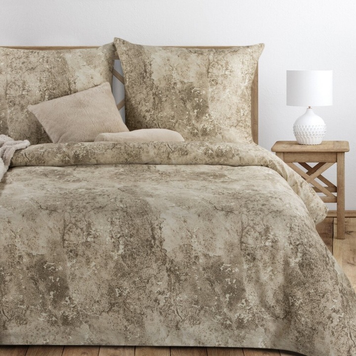 Комплект спално бельо, EUROFIRANY, Spring/77, Естествен памучен сатен с текстуриран мраморен десен, Елегантен дизайн в бежово-кафяви нюанси, Мека и хипоалергенна материя, 2 части, 140x200 см + 1 калъфка за възглавница 140x200 см, Бежов