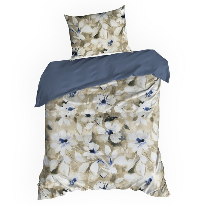 Комплект спално бельо, EUROFIRANY, Spring/66, Естествен памучен сатен с бежово-син флорален десен, Елегантен и хармоничен ботанически дизайн, Мека и хипоалергенна материя, 2 части, 140x200 см + 1 калъфка за възглавница 70x80 см, Бежов
