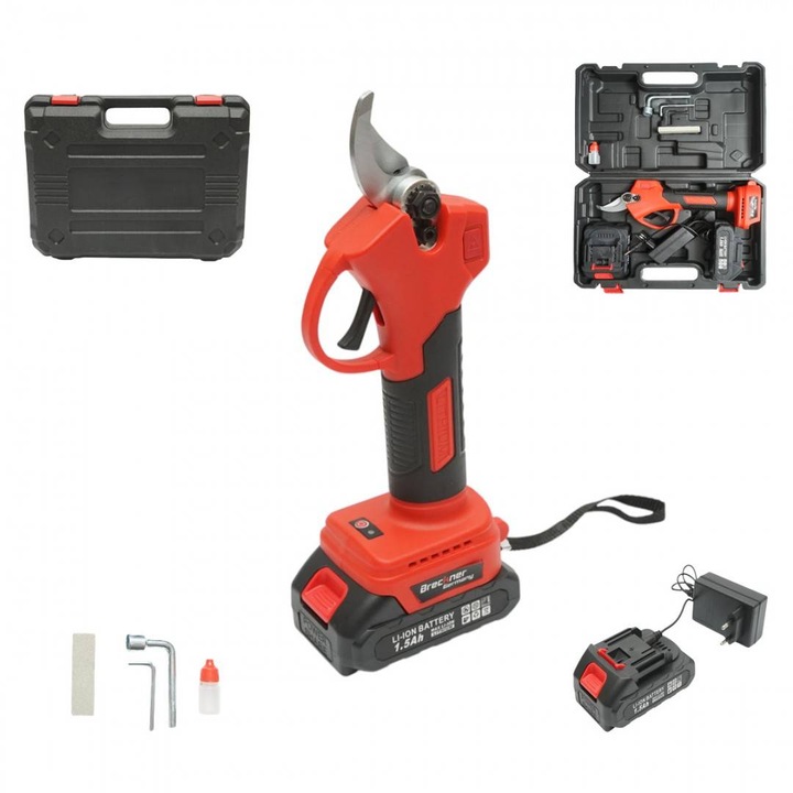 Foarfeca electrica de gradina cu 2 acumulatori 36V, 1.5Ah Li-Ion, 100W, diametru taiere 0-25mm, buton siguranta Breckner Germany