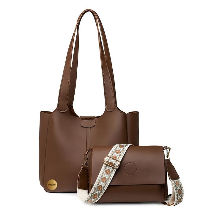 Set 2 genti dama piele ecologica, Omelivon, 5 compartimente, maro, 22x8x17cm, 26x28x12cm