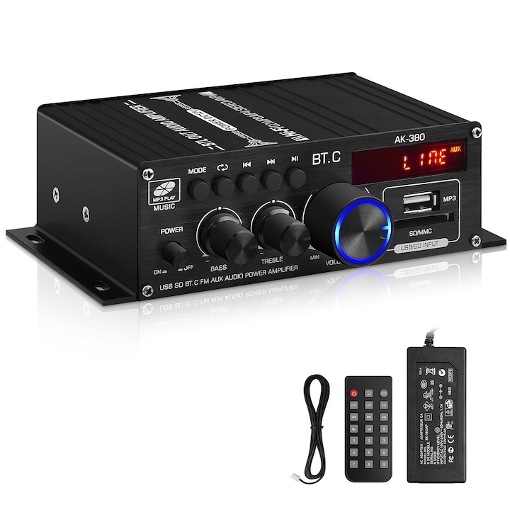 Amplificator audio digital AK-380, Bluetooth 5.3, 40W+40W, 2 canale, Hi-Fi stereo, cu afisaj LCD, telecomanda, radio FM, intrare USB/SD/AUX, control bass/treble, pentru masina si acasa, negru