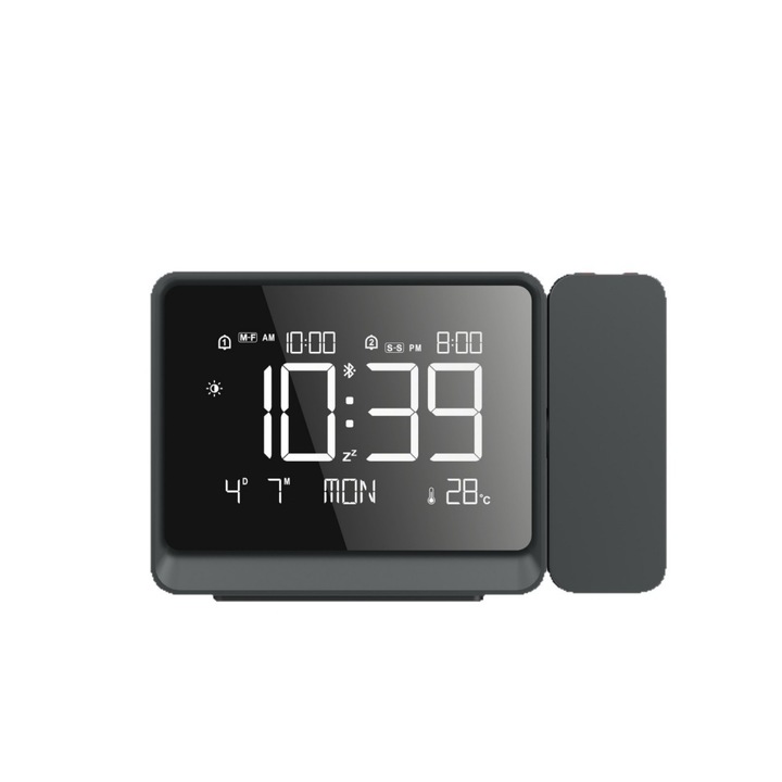 Ceas decorativ cu functie de proiectie, conectivitate Bluetooth, lumina de veghe, doua alarme, afisare ora si temperatura, negru