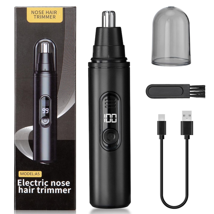 Aparat pentru tuns parul din nas si urechi, Bedee, trimmer facial pentru nas si urechi, Cu LED digital, Cap Rotativ 360, Reincarcabil Type-C, 160mah, Negru