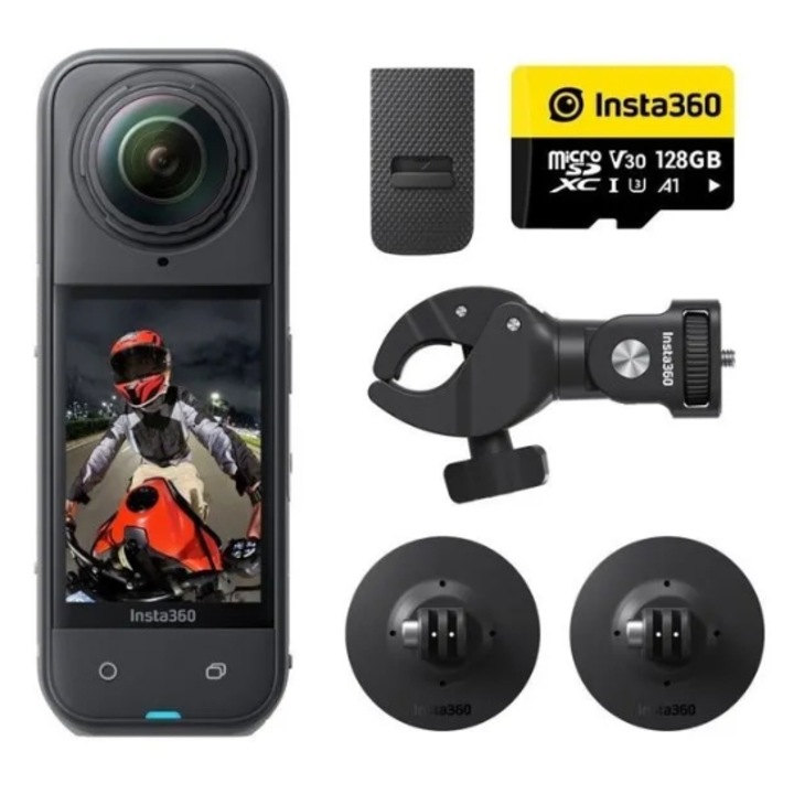 Camera Video de Actiune Insta360 X5 Motorcycle Bundle, Filmare 360, 8K, Foto 72 MP/18 MP, Wi-Fi, USB, Giroscop 6 axe, Bluetooth, Waterproof 15m Negru