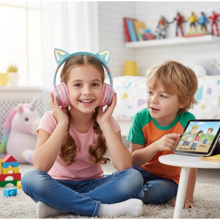 Casti Bluetooth copii cu urechi de pisica RGB, microfon HD, radio FM, aux, protectie volum, roz premium