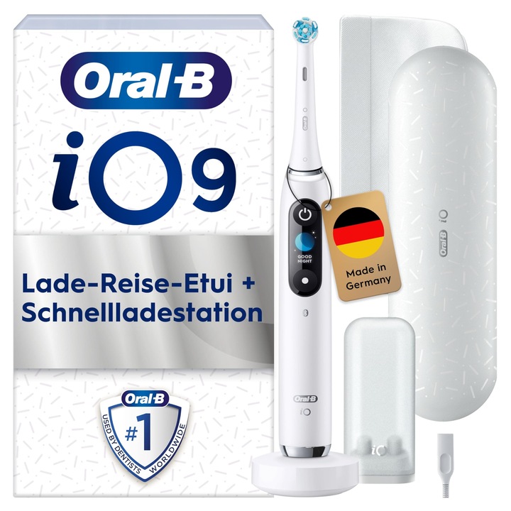 Oral-B iO Series 9 elektromos fogkefe, Elektromos fogkefe, 1 kefefejjel, töltő utazótokkal, gyorstöltő állomás, 7 üzemmód a fogápoláshoz, elektromos fogkefe, barna, fehér