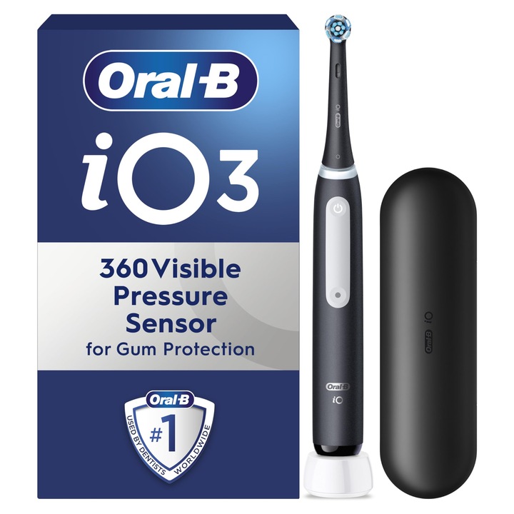 Oral-B iO3 Periuta de dinti electrica pentru adulti, 1 cap de periuta de dinti si husa de calatorie, 3 moduri cu albirea dintilor, mufa UK cu 2 pini, negru