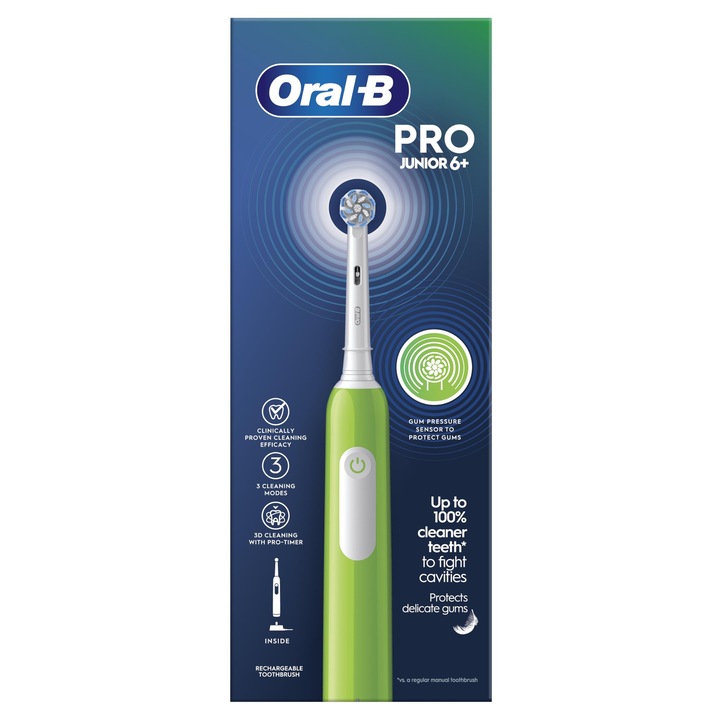 Periuta de dinti electrica Oral-B Pro Junior pentru copii, cadouri pentru copii, 1 cap de periuta de dinti, 3 moduri cu modul sensibil pentru copii, pentru varste peste 6 ani, mufa UK cu 2 pini, verde