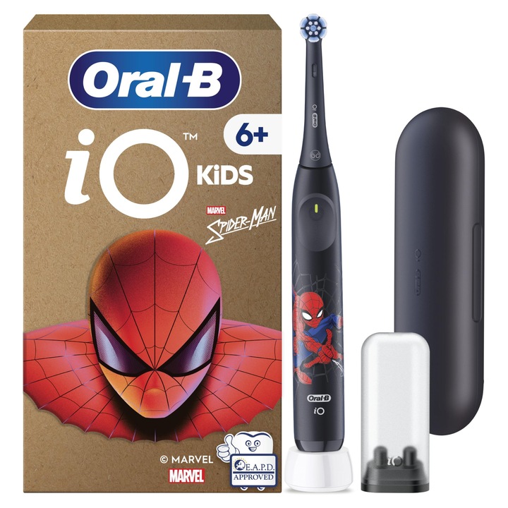 Oral-B iO Kids 6+ Marvel Spiderman Periuta de dinti electrica pentru copii, Periuta de dinti electrica de la 6 ani, Include 1 cap de perie, husa de calatorie, temporizator muzical, 3 moduri de periaj pentru ingrijirea dentara, negru (Spiderman)