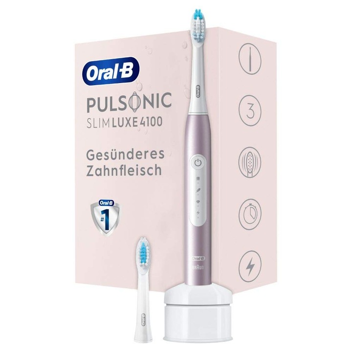 Oral-B Pulsonic Slim Luxe 4100 szónikus elektromos fogkefe, 2 kefefej, 3 tisztítási mód a fog- és ínyápoláshoz, ajándék férfiaknak/nőknek, rózsaarany