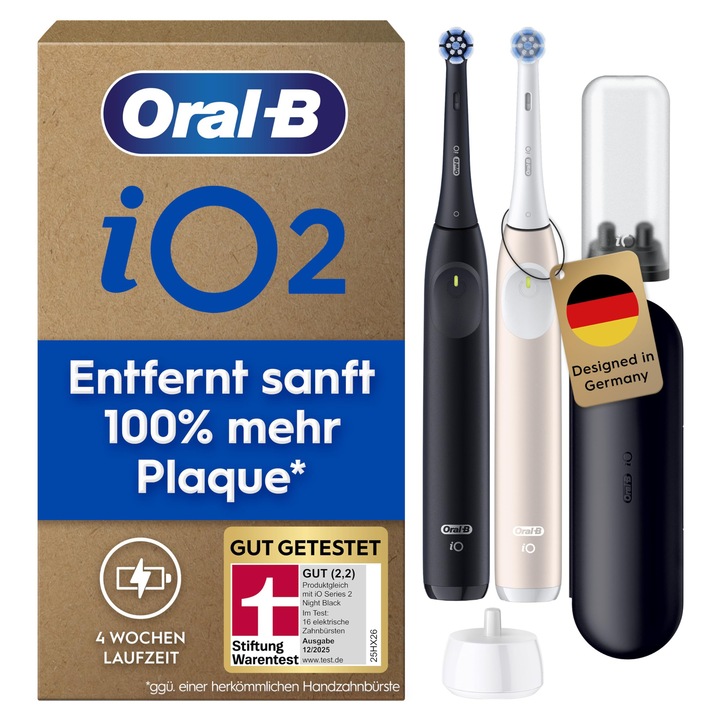 Periuta de dinti electrica Oral-B iO Series 2, Pachet dublu, Periuta de dinti electrica, Incl. 2 capete de periaj, husa de calatorie, 3 moduri de periaj pentru ingrijirea dentara, BINE TESTATE (2.2) de STIFTUNG WARANTEST, negru, roz