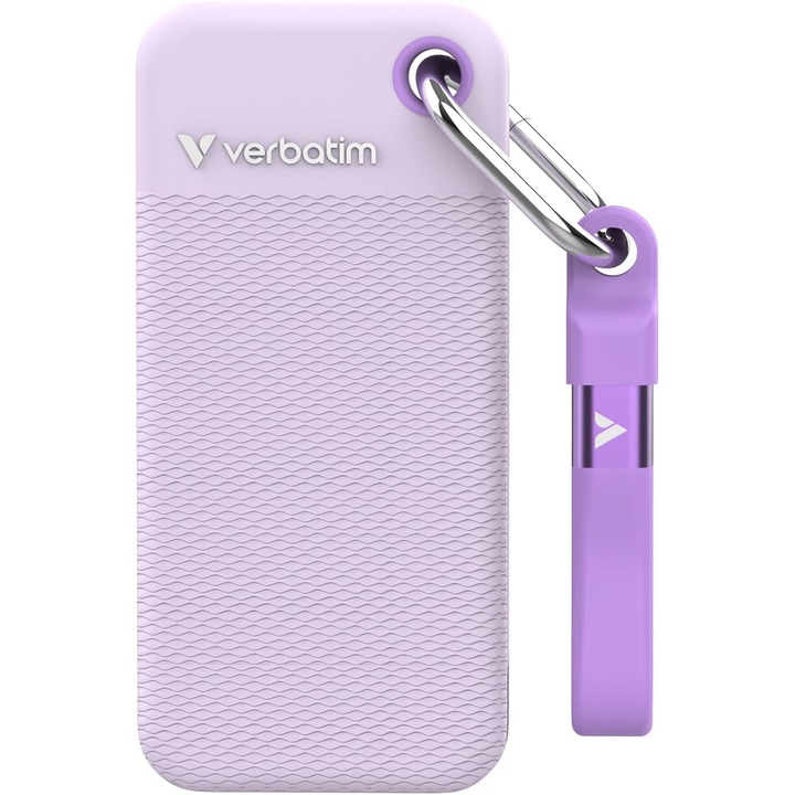SSD Extern Verbatim Pocket 1TB, USB 3.2 Gen 2, 1000MB/s, set cu 2 huse colorate, alb/violet