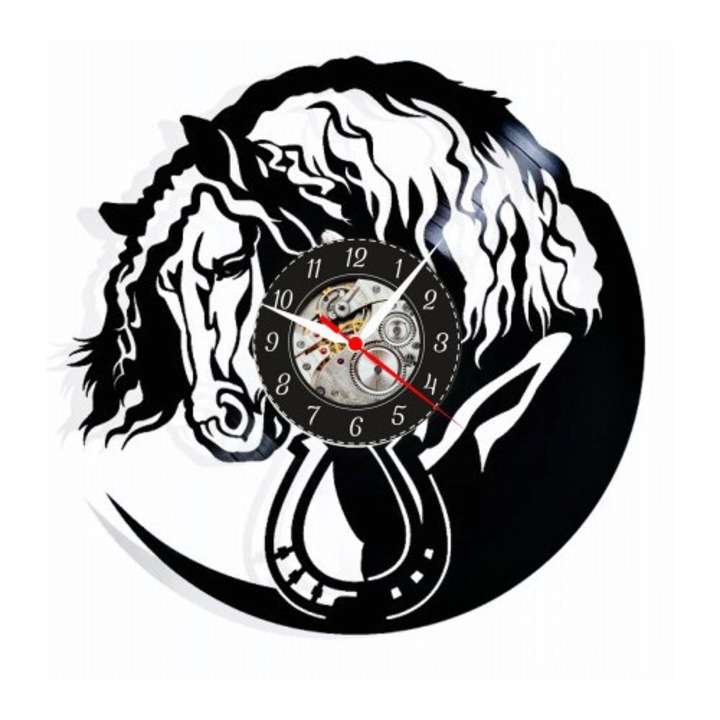 Dekoratív falióra - Nemes Paripa - Lófej és Szerencsepatkó Design - bakelitlemezből (Vinyl Record) készült, fekete