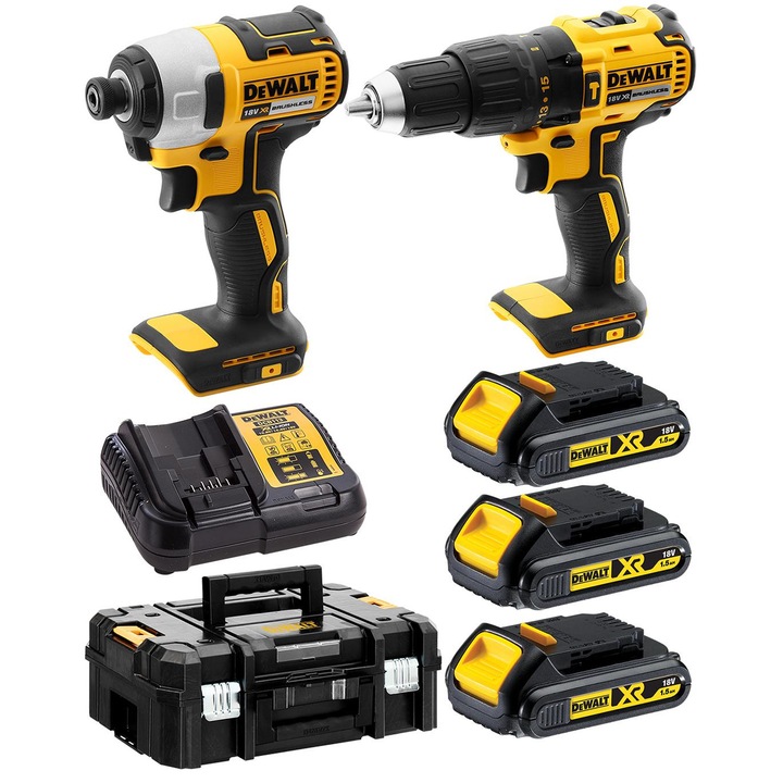Set 2 unelte electrice fara perii DeWALT DCK2060S3T, bormasina DCD778 18V 65Nm, surubelnita 18V 170Nm, 3 acumulatori 1,5Ah, valiza TSTAK