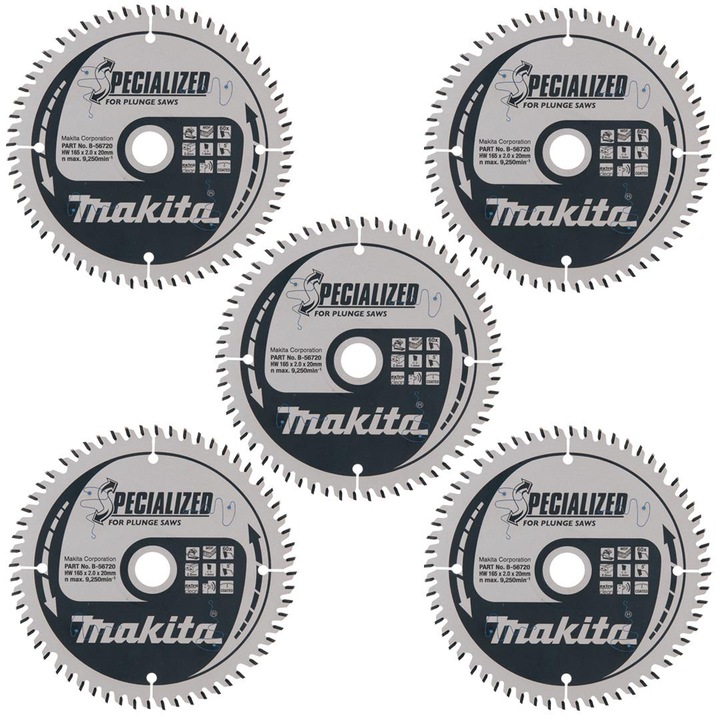 Set 5 discuri pentru lemn si MDF 165x20 mm 60 din tungsten, Makita B-56720