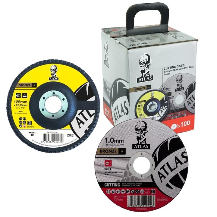 Disc de taiere metalic, Atlas 850224 125x1,0 mm INOX set 100 bucati+ smirghel 125 mm