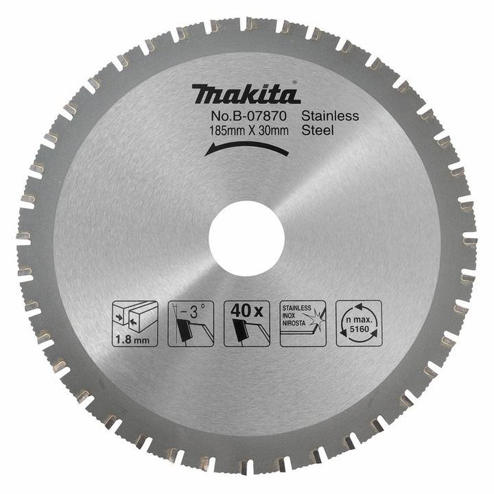 Tarca pentru feronerie Makita B-07870, 185mm, 40 dinti, o bucata, otel inoxidabil