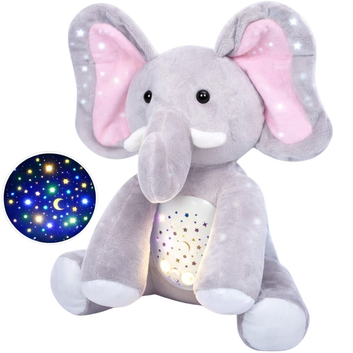 Jucarie Interactiva pentru Bebelusi, GOPO TOYS, Elefant de Plus cu Sunete si Proiector de Lumini, Contine 7 Melodii Linistitoare si 3 Cantece Naturale, Ideala pentru Rutina de Somn, Gri, 1-12 Luni