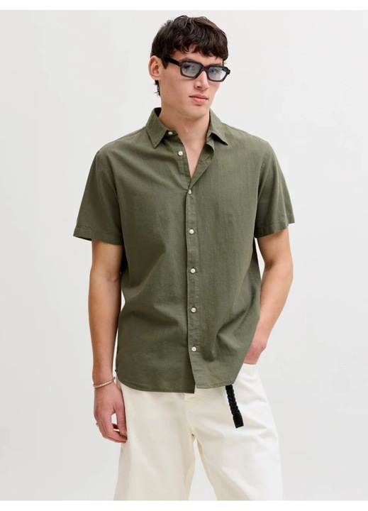 Jack & Jones Camasa cu maneca scurta barbati, din amestec de in, Regular fit, Verde masliniu