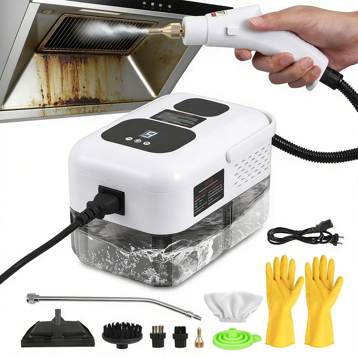 Aparat de curatat cu abur Portabil, 2500W, 3 Bar, 9 Viteze Abur, rezervor 1200 ml, cu 3 perie, racleta de sticla, Manusa de curatare - pentru Casa, Masina, Bucatarie, Mobilier