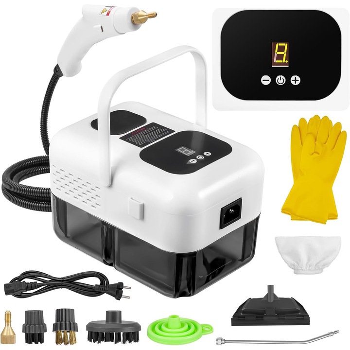Aparat de curatat cu abur Portabil, 2500W, 3 Bar, 9 Viteze Abur, rezervor 1200 ml, cu 3 perie, racleta de sticla, Manusa de curatare - pentru Casa, Masina, Bucatarie, Mobilier