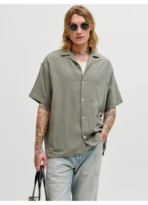 Jack & Jones Camasa cu maneca scurta barbati, din bumbac, Regular fit, Olive, Verde masliniu