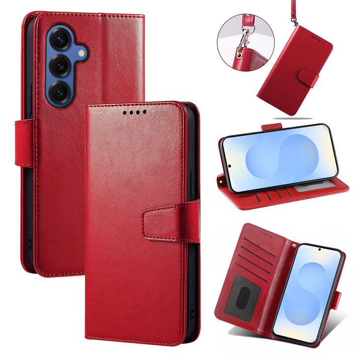 Husa pentru Samsung Galaxy S26, Omelivon, finom bőr, Diary Book, könyv típusú, belső pénztárcával, állvánnyal, mágneses záródással, ütésálló, piros
