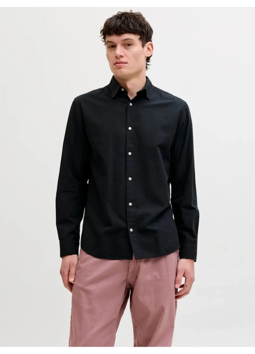 Jack & Jones Camasa cu maneca lunga barbati, din amestec de in, Regular fit, Negru