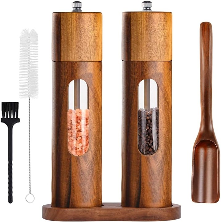 Set 2 Rasnite Sare si Piper Lemn Acacia, Ceramice, 21.5 cm