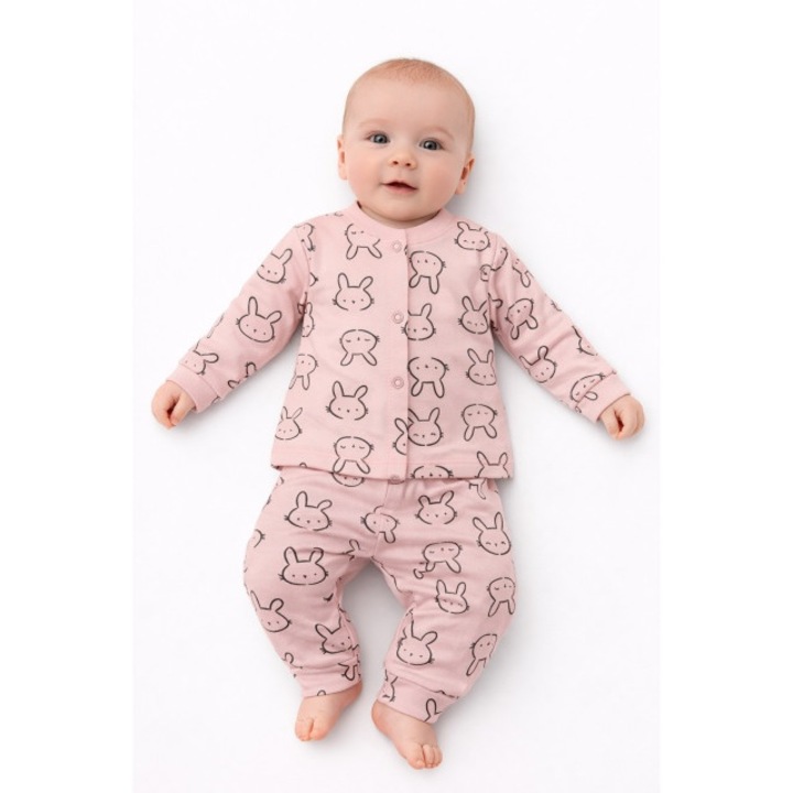 Pijama bebelus fetita 2 piese bumbac cu iepurasi bluza pantaloni roz